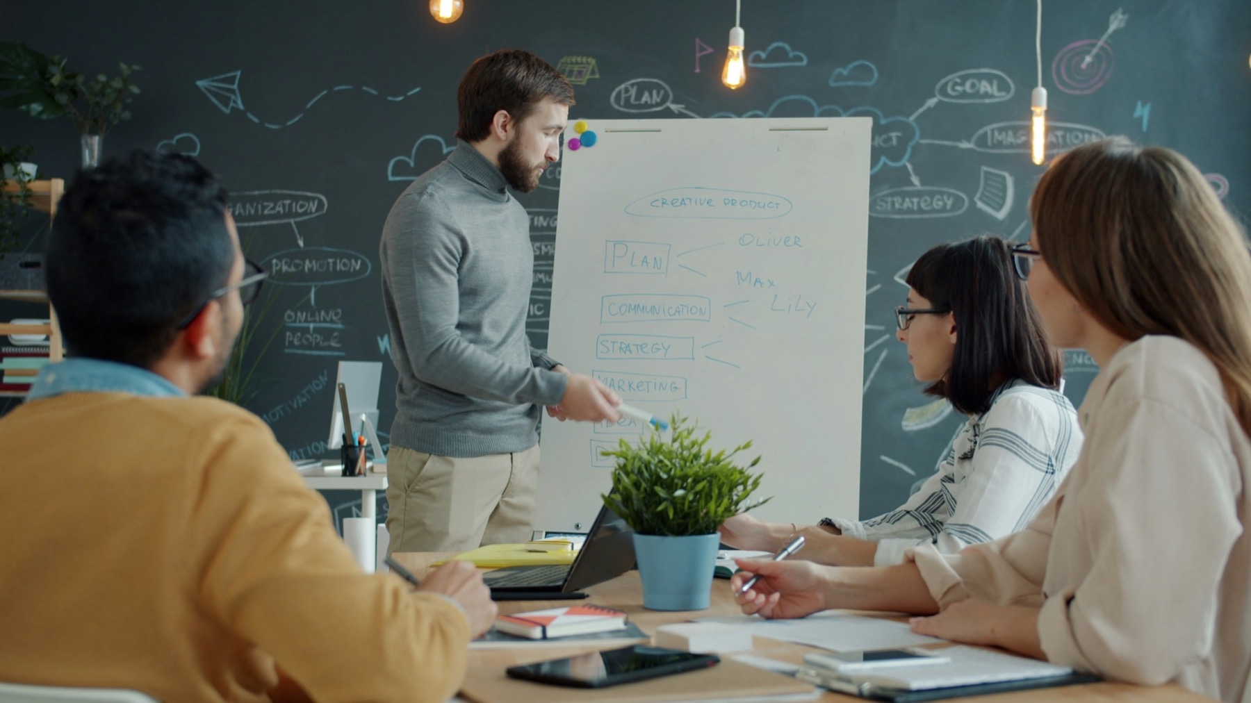 A facilitator at a whiteboard with a small team